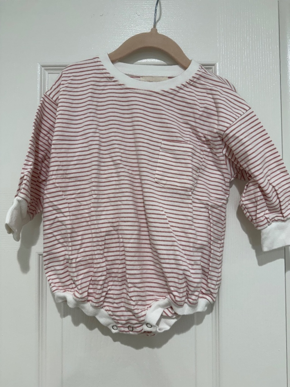 Winnie + Crew Harley Pocket Long Sleeve Romper Thin Pink Stripes 12-18 months